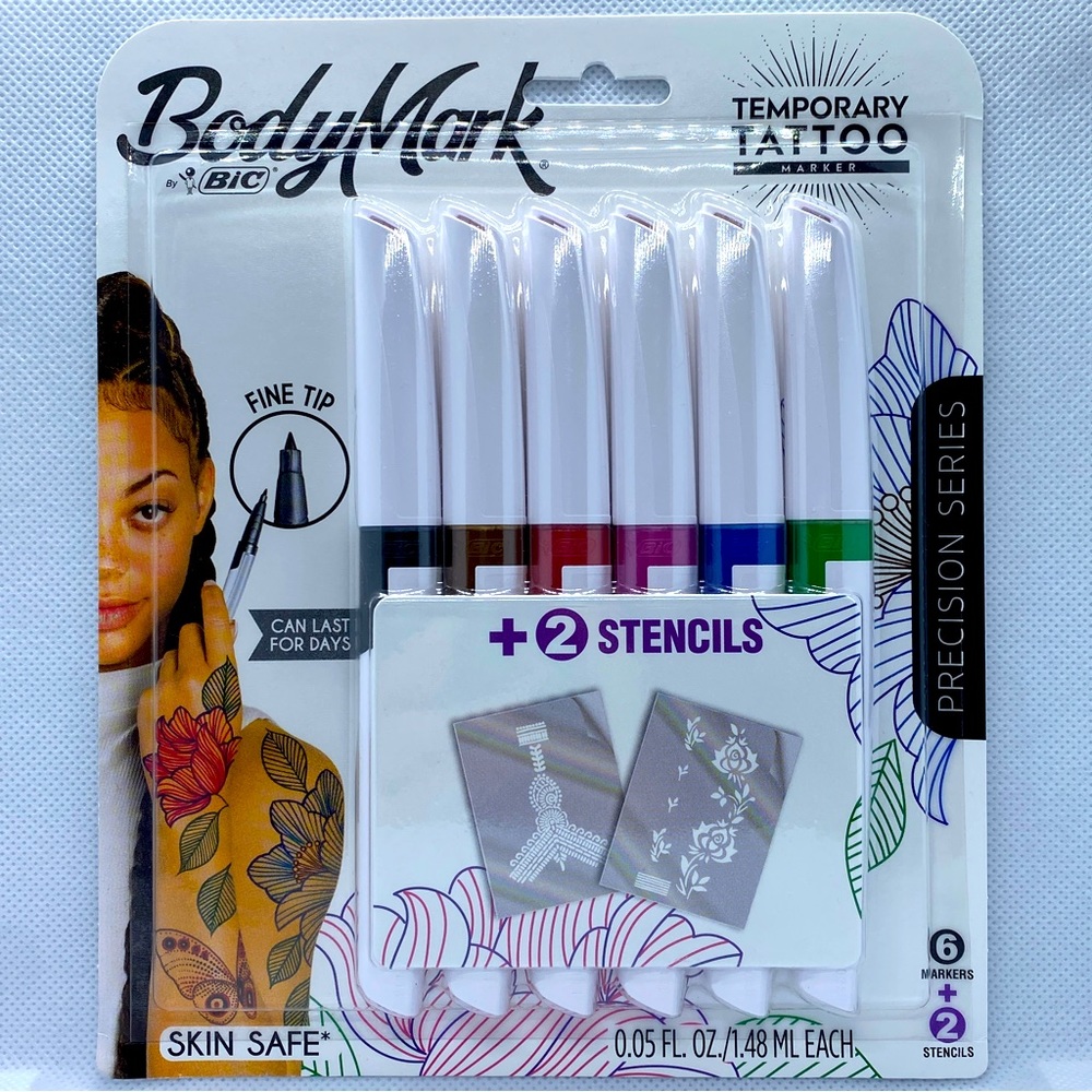 BIC BodyMark Temporary Tattoo Precision Series 6 Markers 2 STENCILS FINE TIP ART